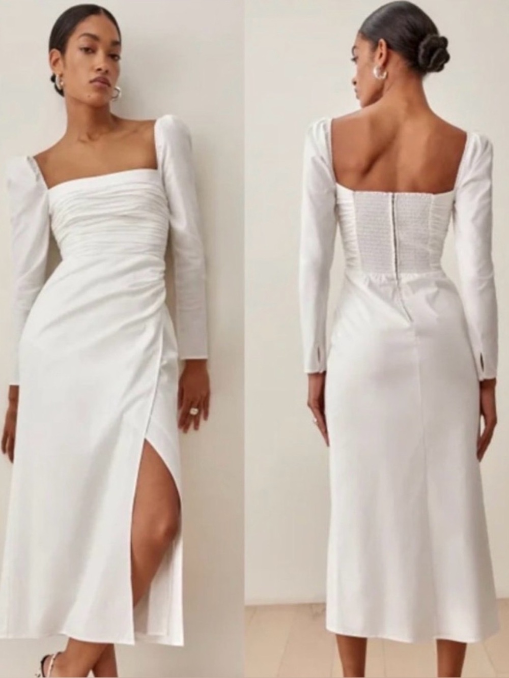 Reformation Isaac White Square Neck Midi Dress with Long Sleeves
